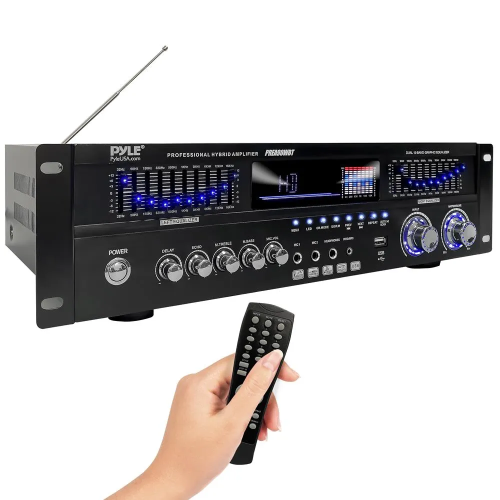 Stereo Bluetooth Home Theater Amplifier - Built-In Cooling Fan With & Radio Antenna, Bt/Fm/Optical/Coaxial/Hdmi & Dual 10 Band Eq, 1600 Watts