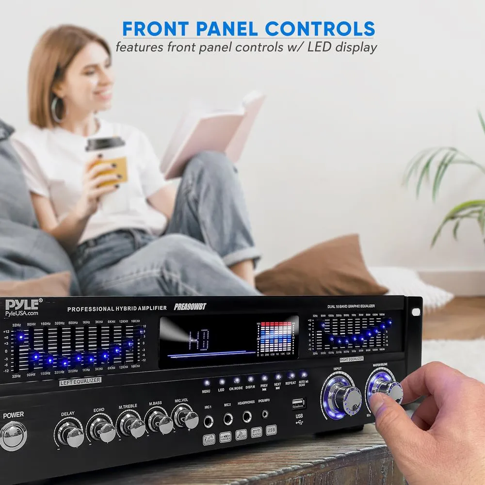 Stereo Bluetooth Home Theater Amplifier - Built-In Cooling Fan With & Radio Antenna, Bt/Fm/Optical/Coaxial/Hdmi & Dual 10 Band Eq, 1600 Watts