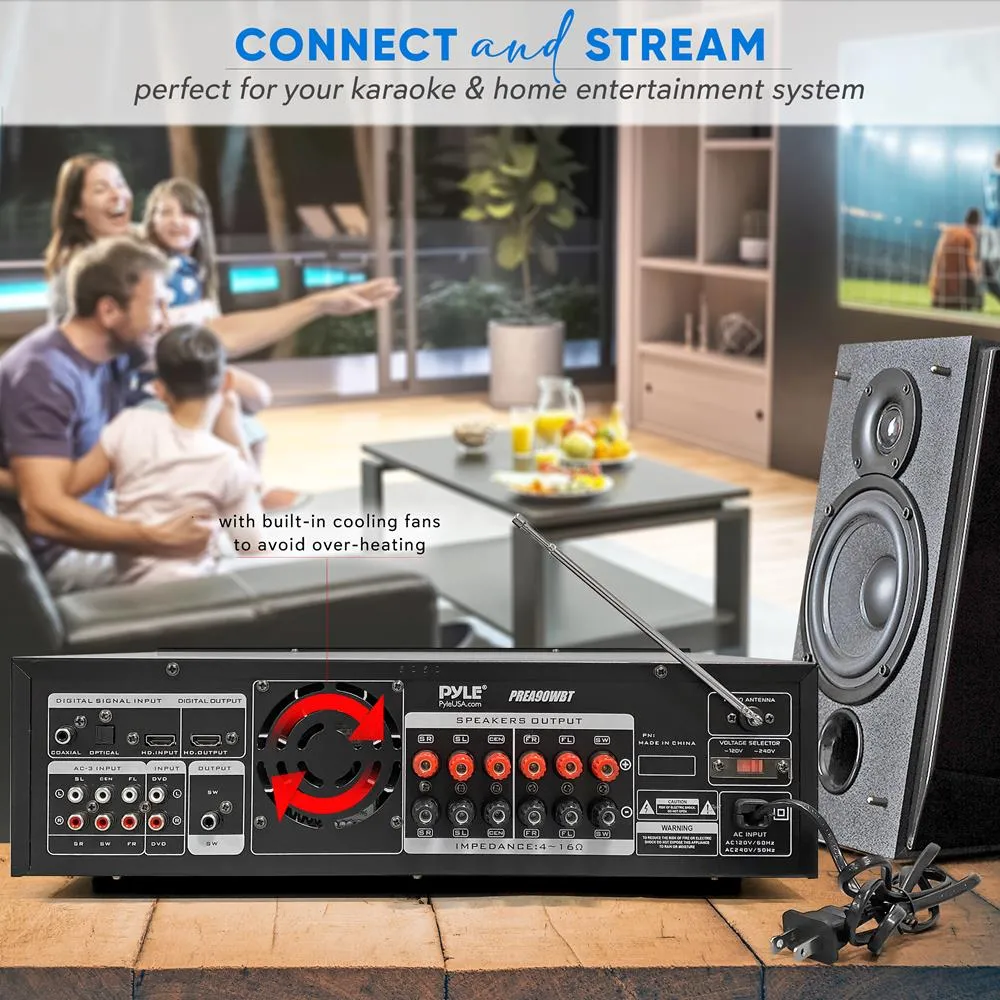 Stereo Bluetooth Home Theater Amplifier - Built-In Cooling Fan With & Radio Antenna, Bt/Fm/Optical/Coaxial/Hdmi & Dual 10 Band Eq, 1600 Watts