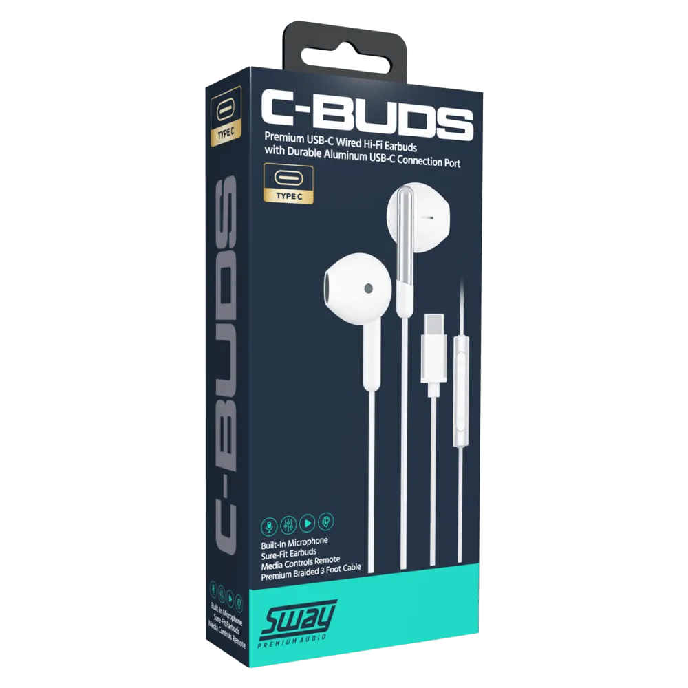 Sway C-Buds Premium USB C Connection Braided Earbuds with Mic and Volume Control White by Sway