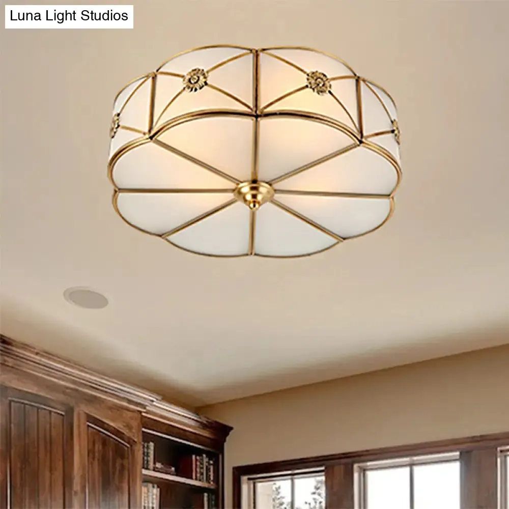 Traditional 1-Tiered White Glass & Gold Flush Mount Chandelier - 3/4/6 Bulbs (14"/18"/23.5" Width)