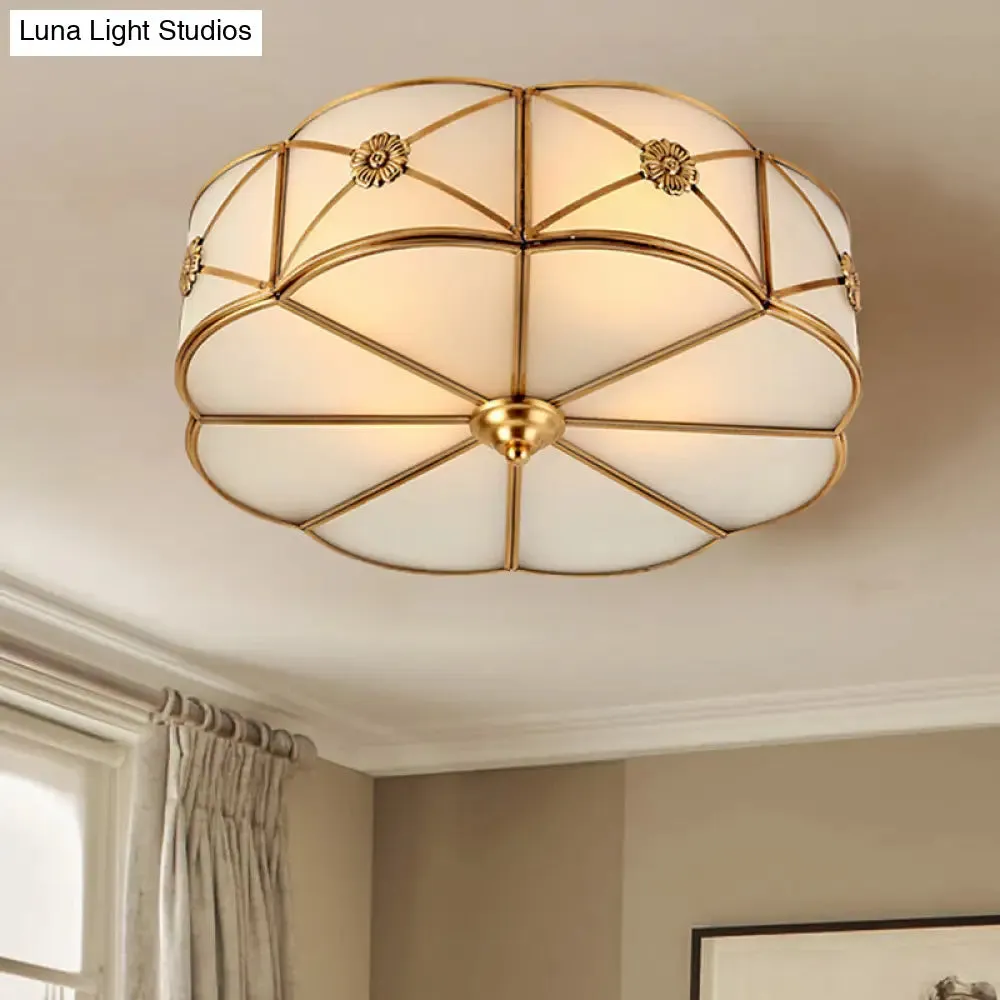 Traditional 1-Tiered White Glass & Gold Flush Mount Chandelier - 3/4/6 Bulbs (14"/18"/23.5" Width)