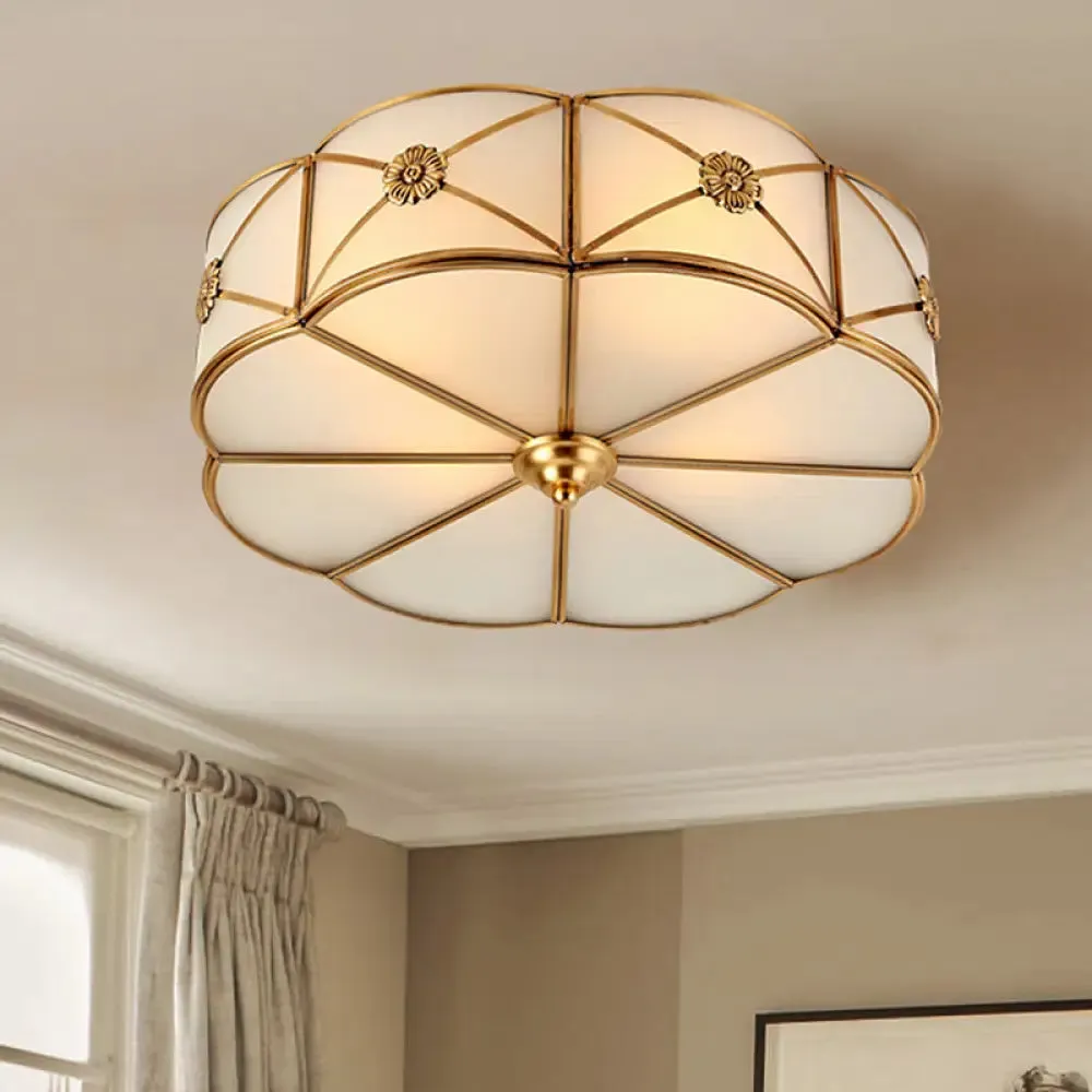 Traditional 1-Tiered White Glass & Gold Flush Mount Chandelier - 3/4/6 Bulbs (14"/18"/23.5" Width)