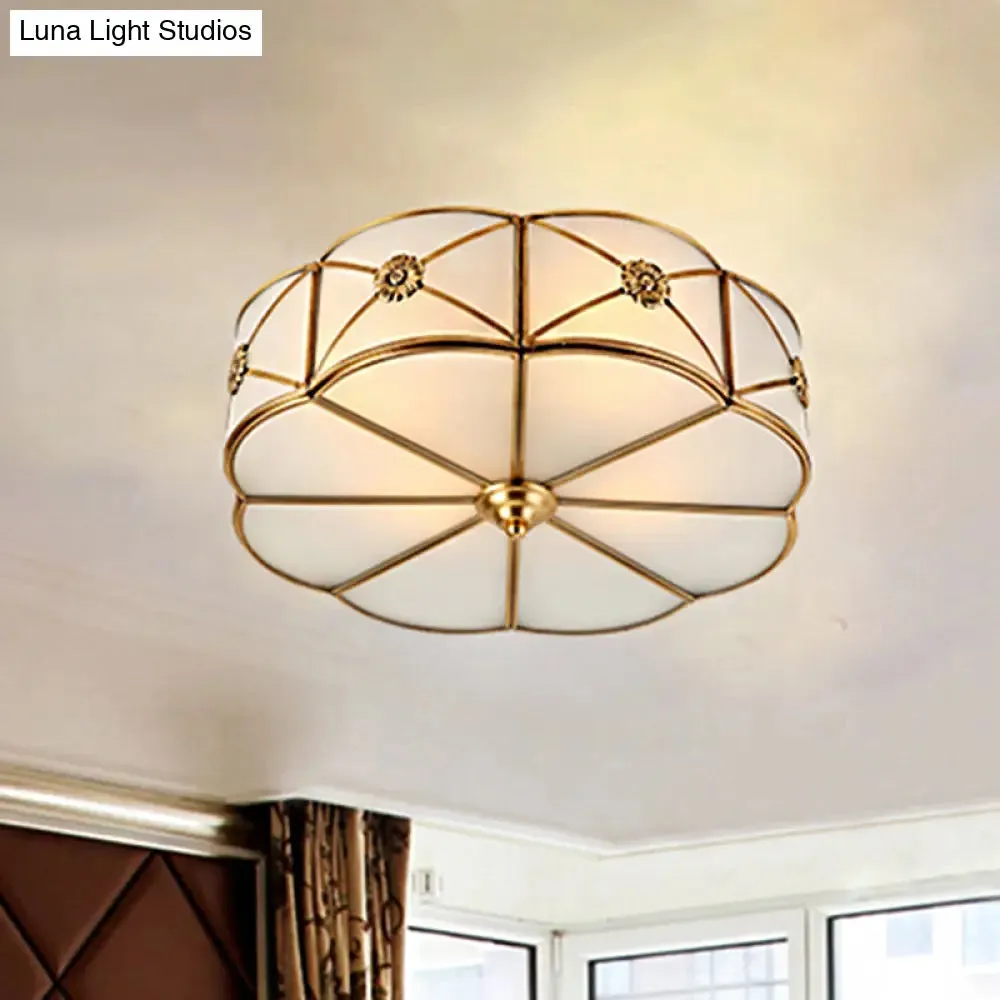Traditional 1-Tiered White Glass & Gold Flush Mount Chandelier - 3/4/6 Bulbs (14"/18"/23.5" Width)