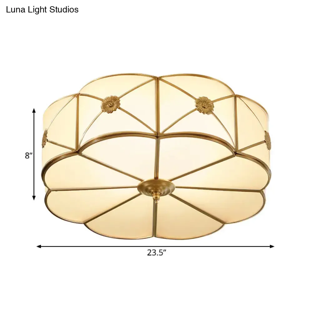 Traditional 1-Tiered White Glass & Gold Flush Mount Chandelier - 3/4/6 Bulbs (14"/18"/23.5" Width)