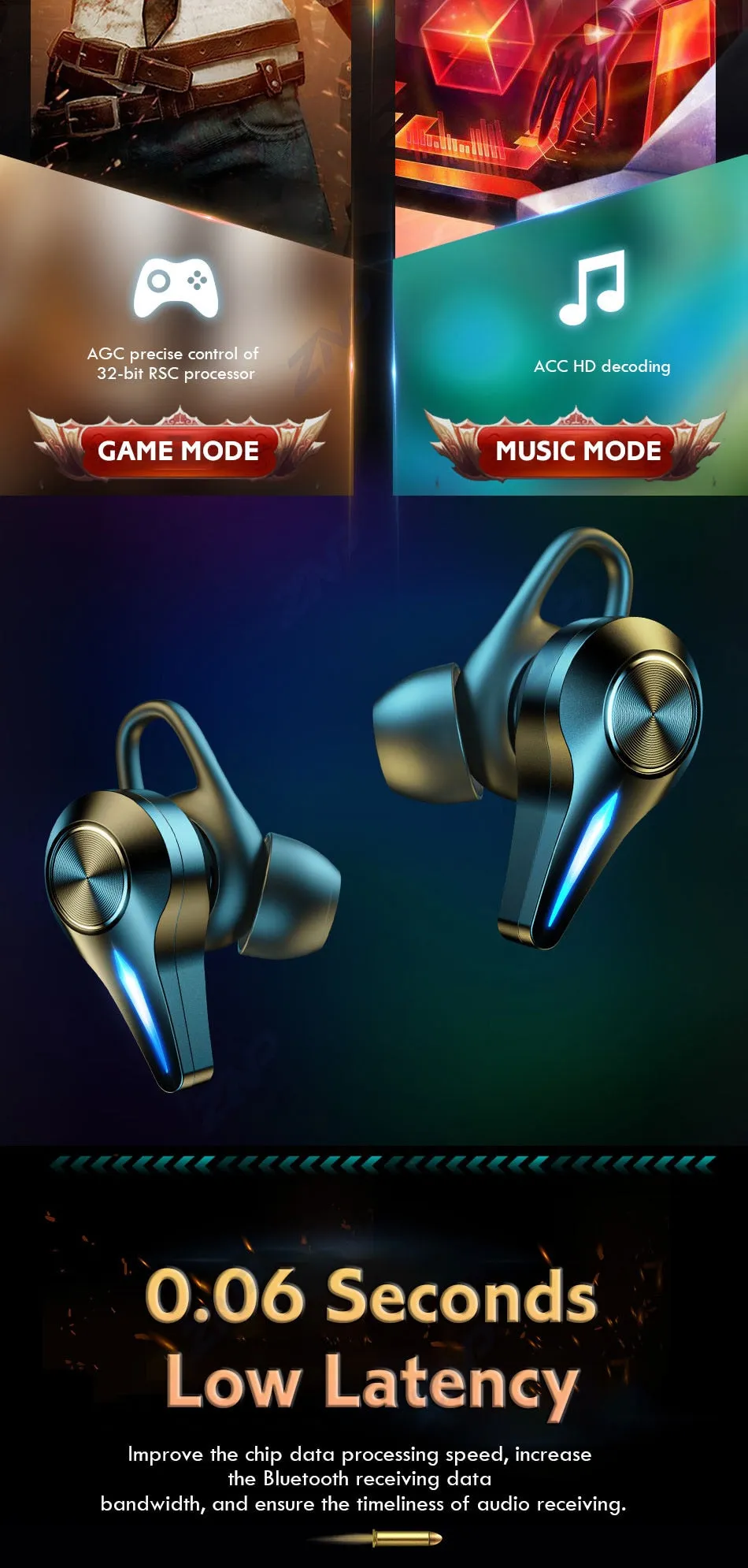 TWS Bluetooth Earphone Gaming Headsets Stereo Sport Waterproof Wireless Headphone Noise Cancelling Earbuds Gamer With Microphone