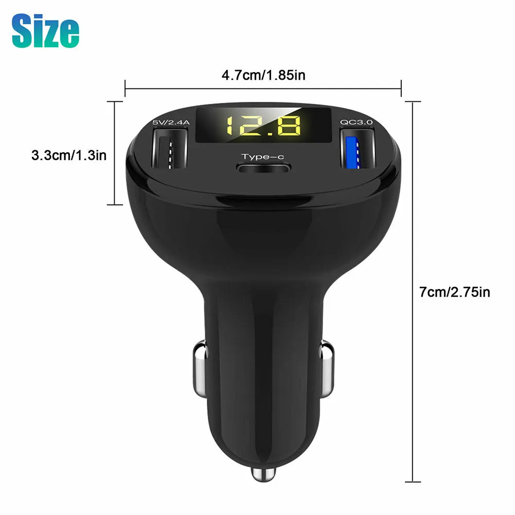 USB And Type-C Port Car Charger with Led Real-time Digital