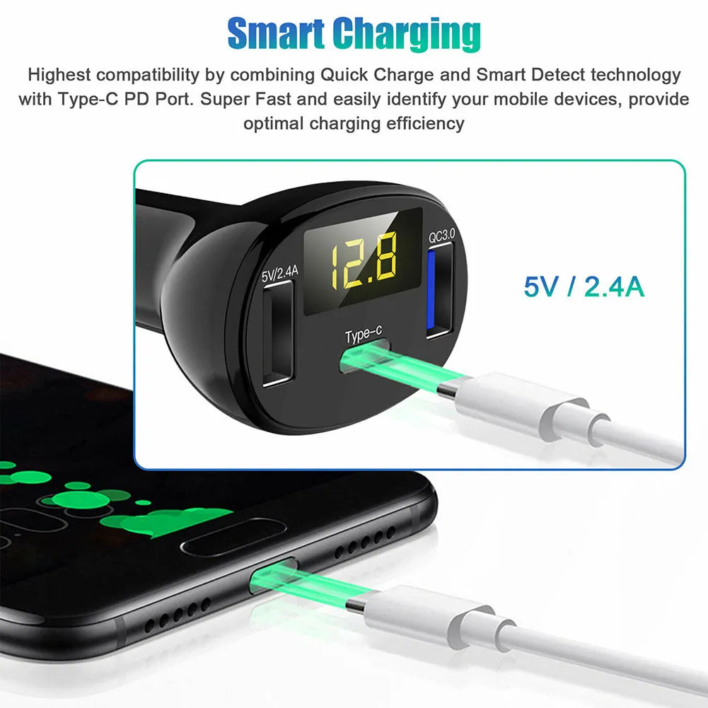 USB And Type-C Port Car Charger with Led Real-time Digital