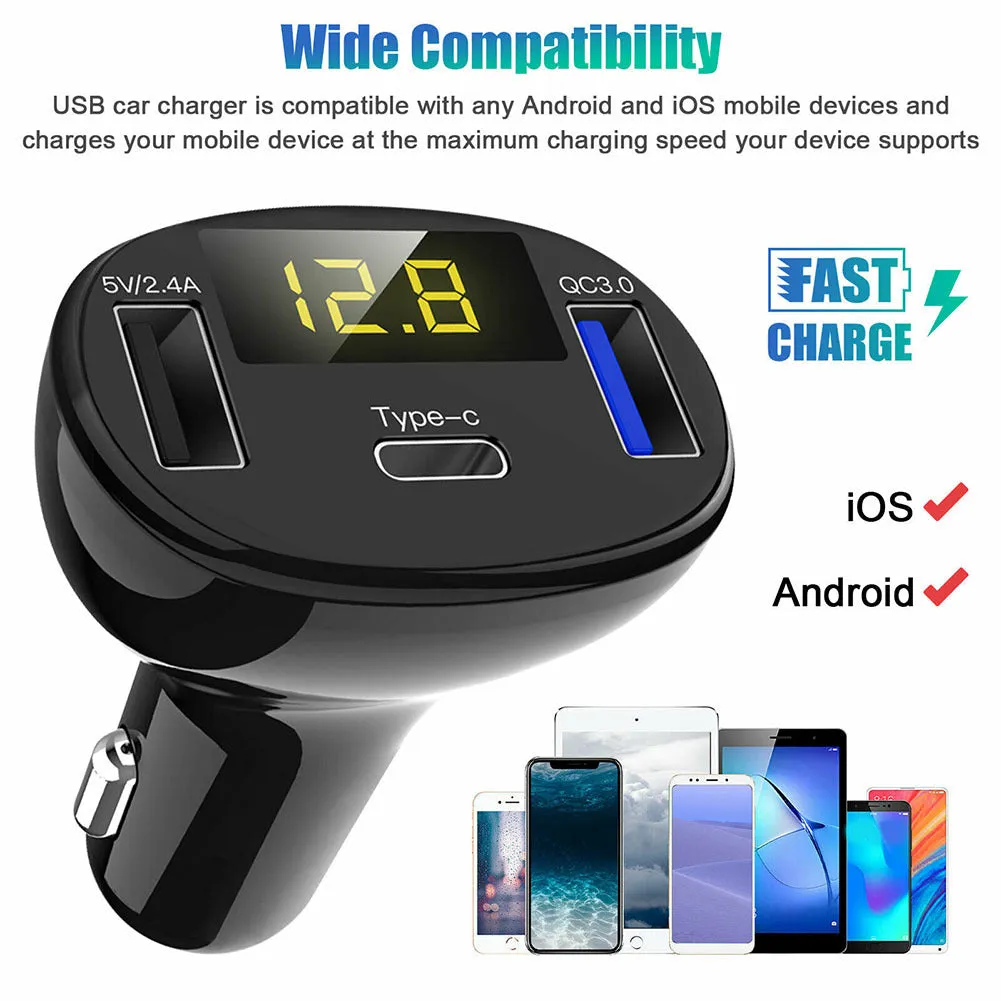 USB And Type-C Port Car Charger with Led Real-time Digital