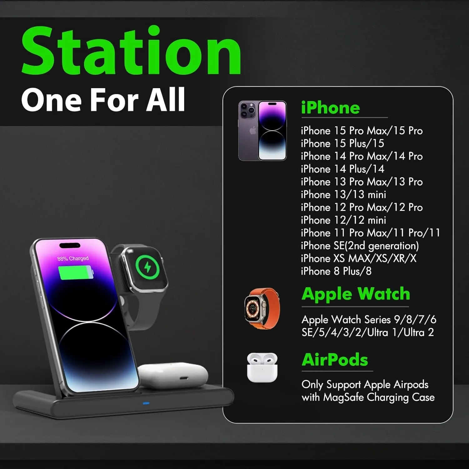 Wireless Charger Iphone Charging Station: 3 in 1 Charger Stand Multiple Devices for Apple - Iphone 15 14 Pro Max 13 12 11 - Watch 9 8 7 6 5 4 3 2 Se - Airpods 3 2 Pro